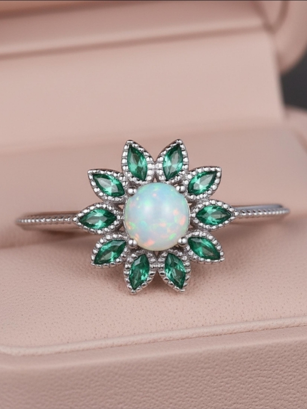 Beautiful Sterling Silver Opal and Emerald Flower Ring Size 6.5